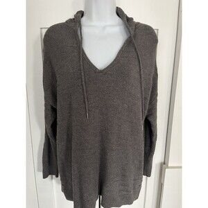 American Eagle AEO Womens Hoodie Sweater Brown Knit V-Neck Drawstring Pullover L